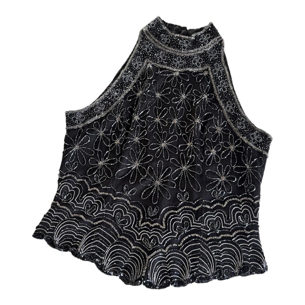 Vintage Papell Boutique Evening Silk Beaded Halter Top Black Silver Women’s M
